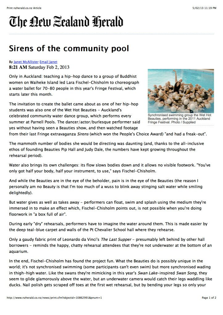 NZ Herald article, Sirens Of The Community Pool, Feb 2013, Janet McAllister